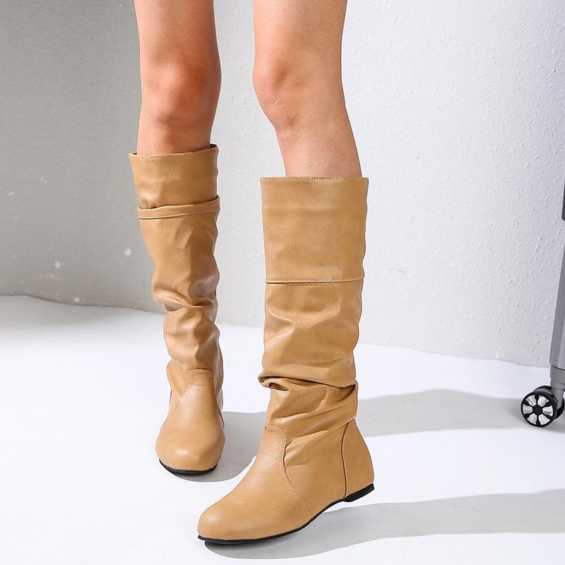 Foreign trade large size 2025wish women's boots women's boots European station solid color pleated high leather boots