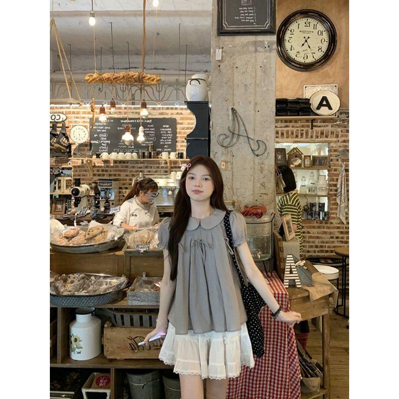 Kumikumi Sweet Style Bow Doll Collar Short sleeve Shirts Women Summer Retro Age-Reducing Loose Slimming Top