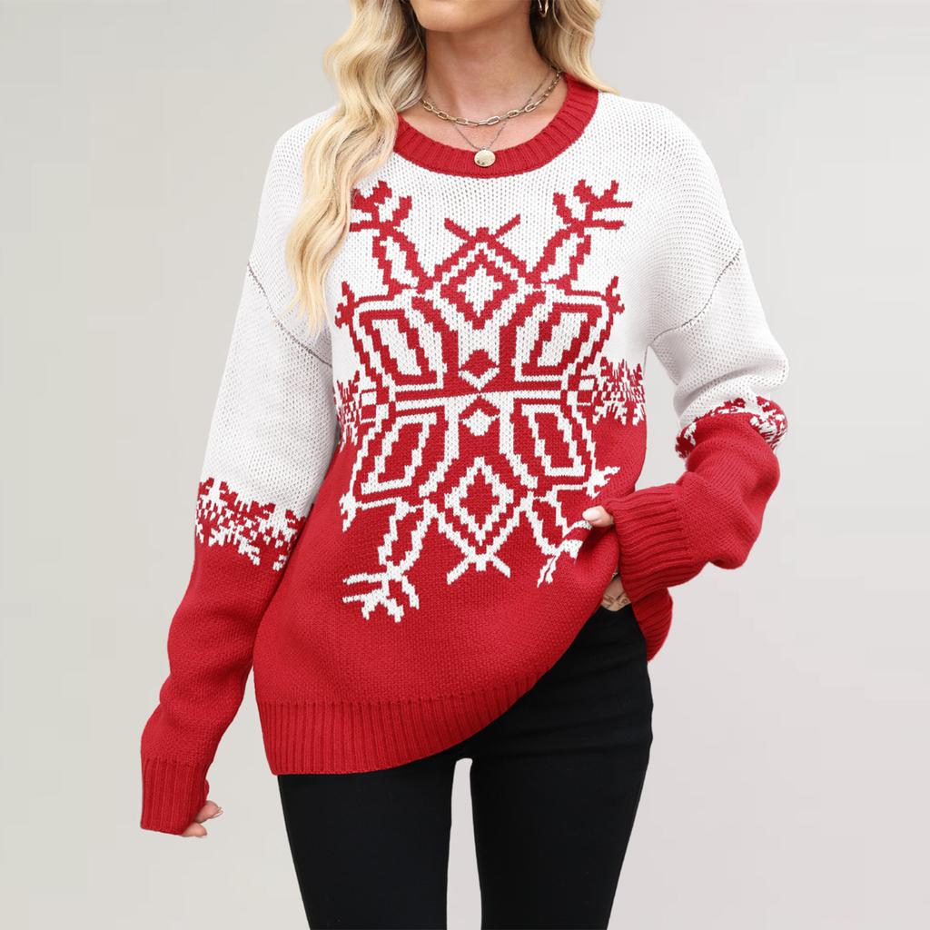 Women's Fashionable Round Neck Long Sleeved Christmas Snowflake Sweater Casual Pullover Knitted Sweater Top