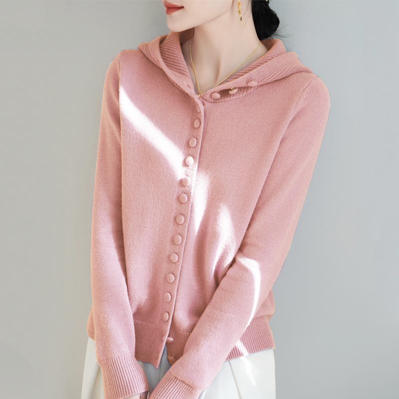 New Spring and Autumn Women's Knitted Sweater with Thickened Wool Buckles, Hooded Cardigan and Solid Color Casual Hoodie
