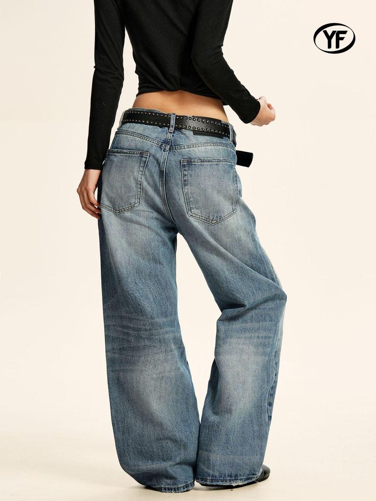 Yongfang Unisex Retro Distressed Blue Jeans - Loose Wide-Leg, Bamboo Grain Casual Style