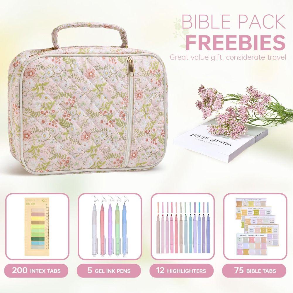 Quilted Bible Cover Case for Women with Pen Stickers Large Bible Case Zipper Pocket Protective Bible Carrying Case