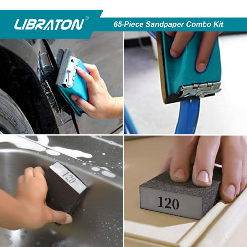 LIBRATON Abrasive Sandpaper Set, 60 Sheets of Waterproof Sandpaper (#80/#120/#400/#600), Includes Hand Sander and Abrasive Sponges (#40/#80/#120/#160)