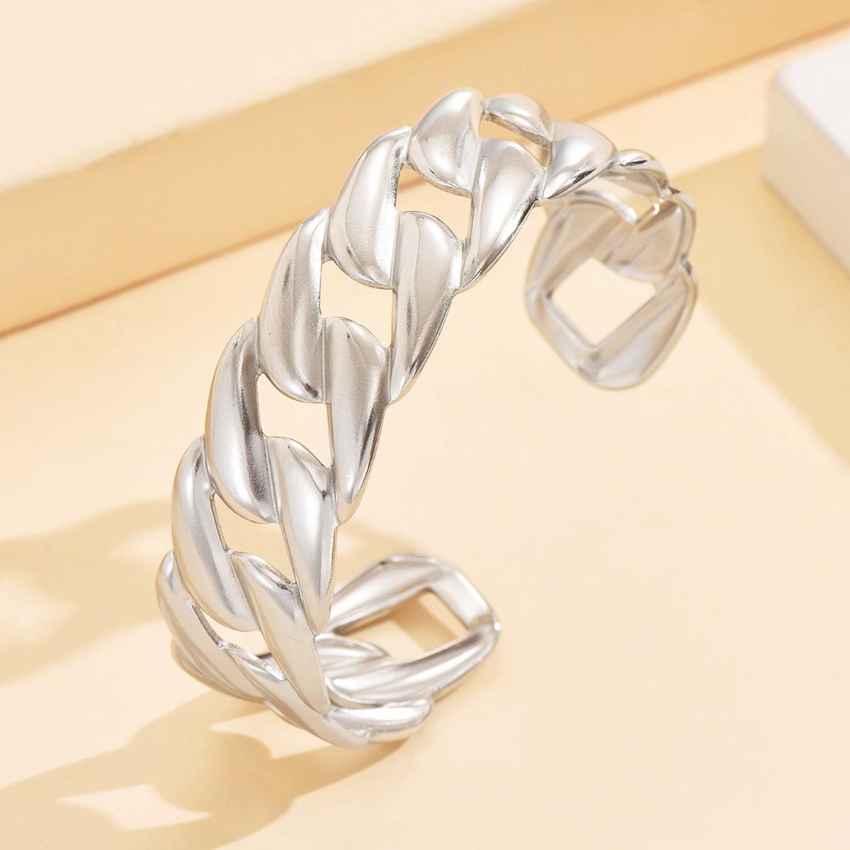 Women s 18K Gold Plated Hollow Chain Stainless Steel Open Bangle Bracelet
