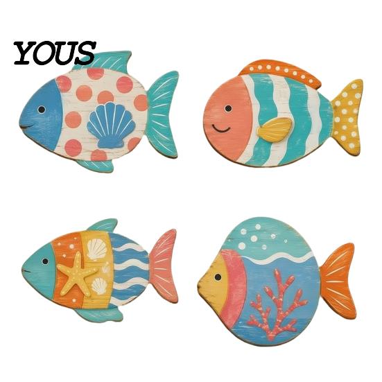 Decorative Wall Hanging Pieces 4PCS Aspen Wood Fish Decor, Colorful Seaside Bathroom Art Art, Beach Theme Plaques for Living Room Vintage Distressed