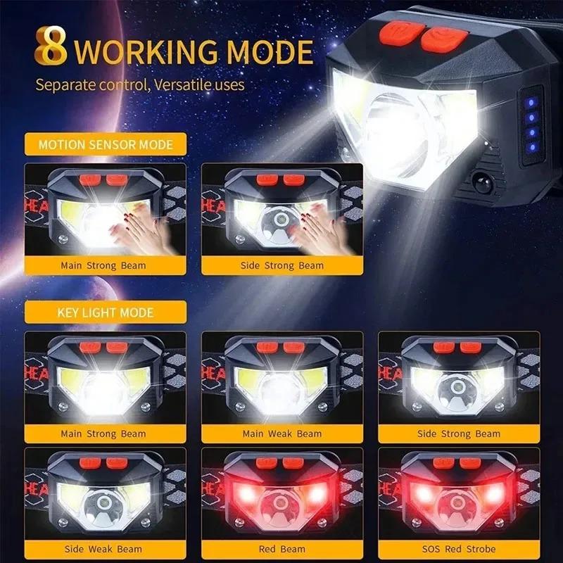 8Modes Motion Sensor Headlight Powerful LED Headlamp Head Lamp COB Flashlight Torch Head light For Camping Fishing