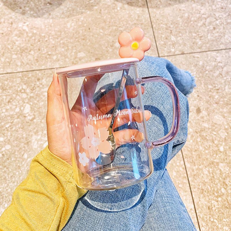 High value Japanese cherry blossom with lid spoon water cup high borosilicate high temperature resistant office women's large capacity glass summer