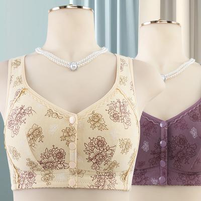 BC Cup Universal Bra Printed Soft Cotton Cups Middle-aged Elderly Front Buckle Underwear Women's Non-steel Ring Wide Straps Large Size Tank Top Bra