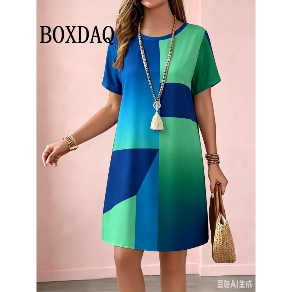 Casual and Fashionable Round Neck Short Sleeved Geometric Printed Loose Women's Dress for Summer