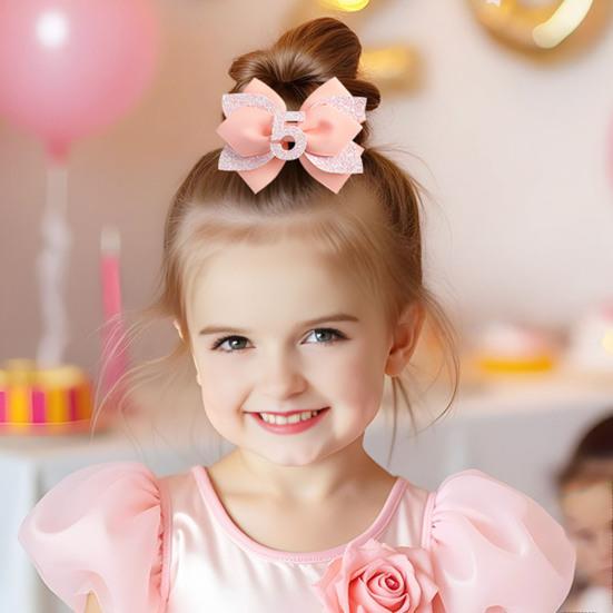 Pink Birthday Hair Bow for Baby Girls 1-6 Years Glitter Sequin Party Hairpin Satin Ribbon Bow with Elastic Tie & Metal Clip Handmade Sparkling Number