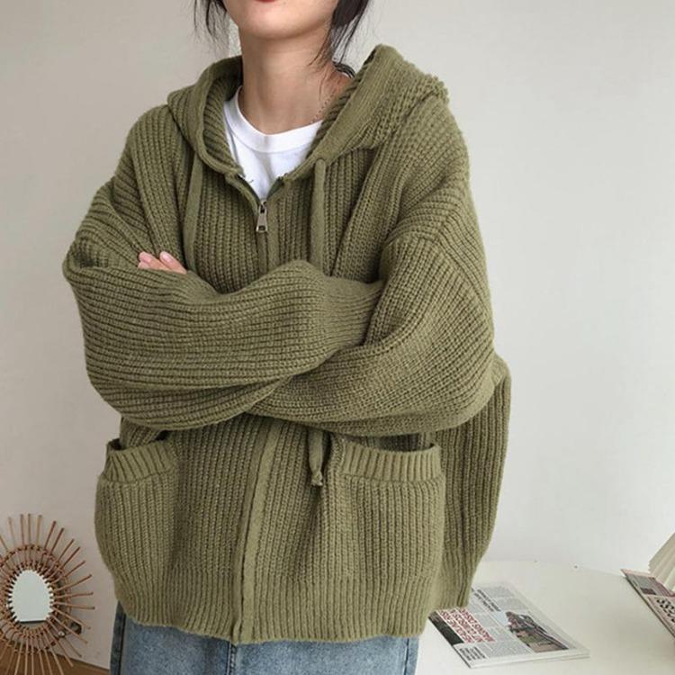 Loose Knitted Hooded Sweater Cardigan Coat Solid Color Womens Top