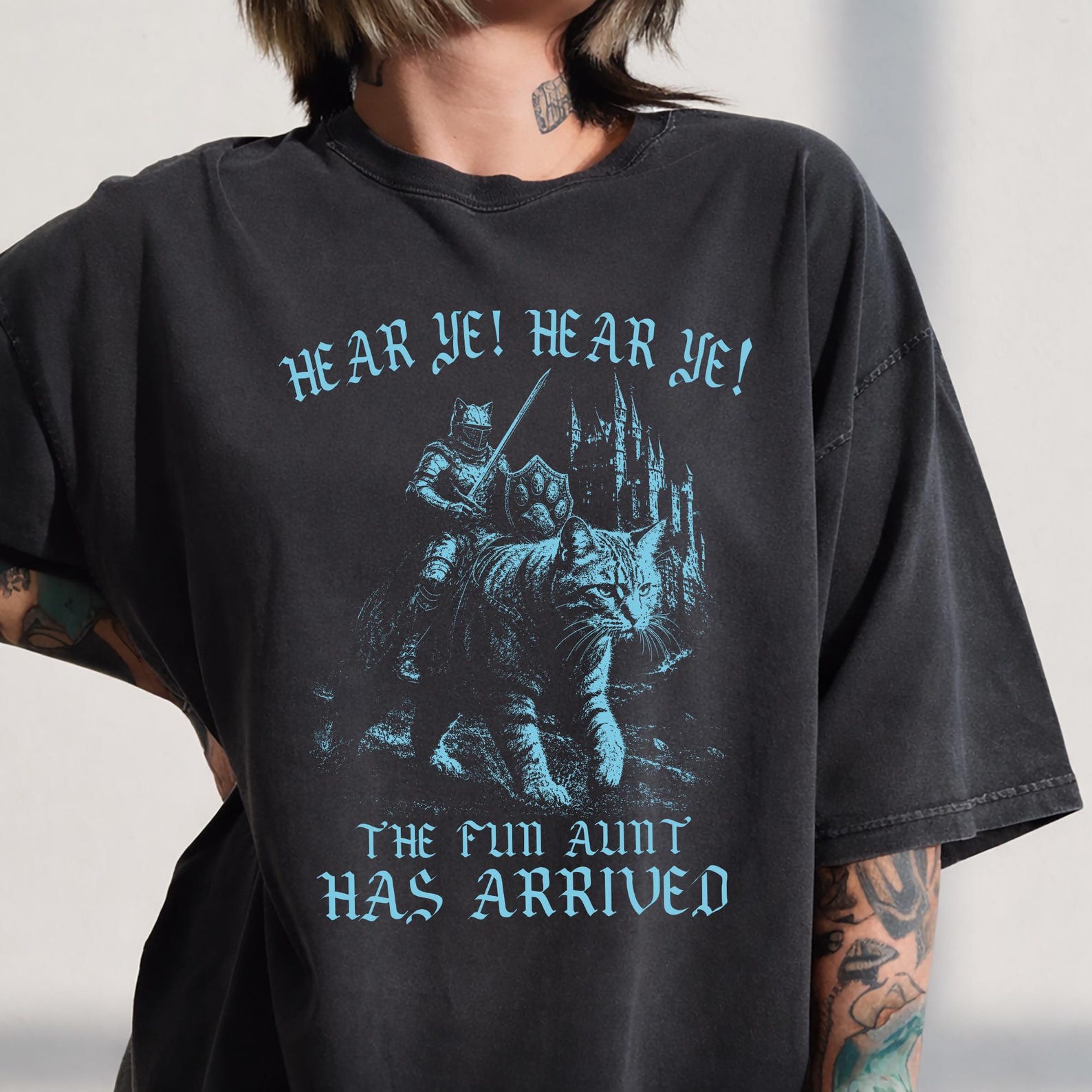 Knight Cat Rider T-Shirt, Vintage Medieval Cat Graphic Tee, Dark Fantasy Meme Shirt S