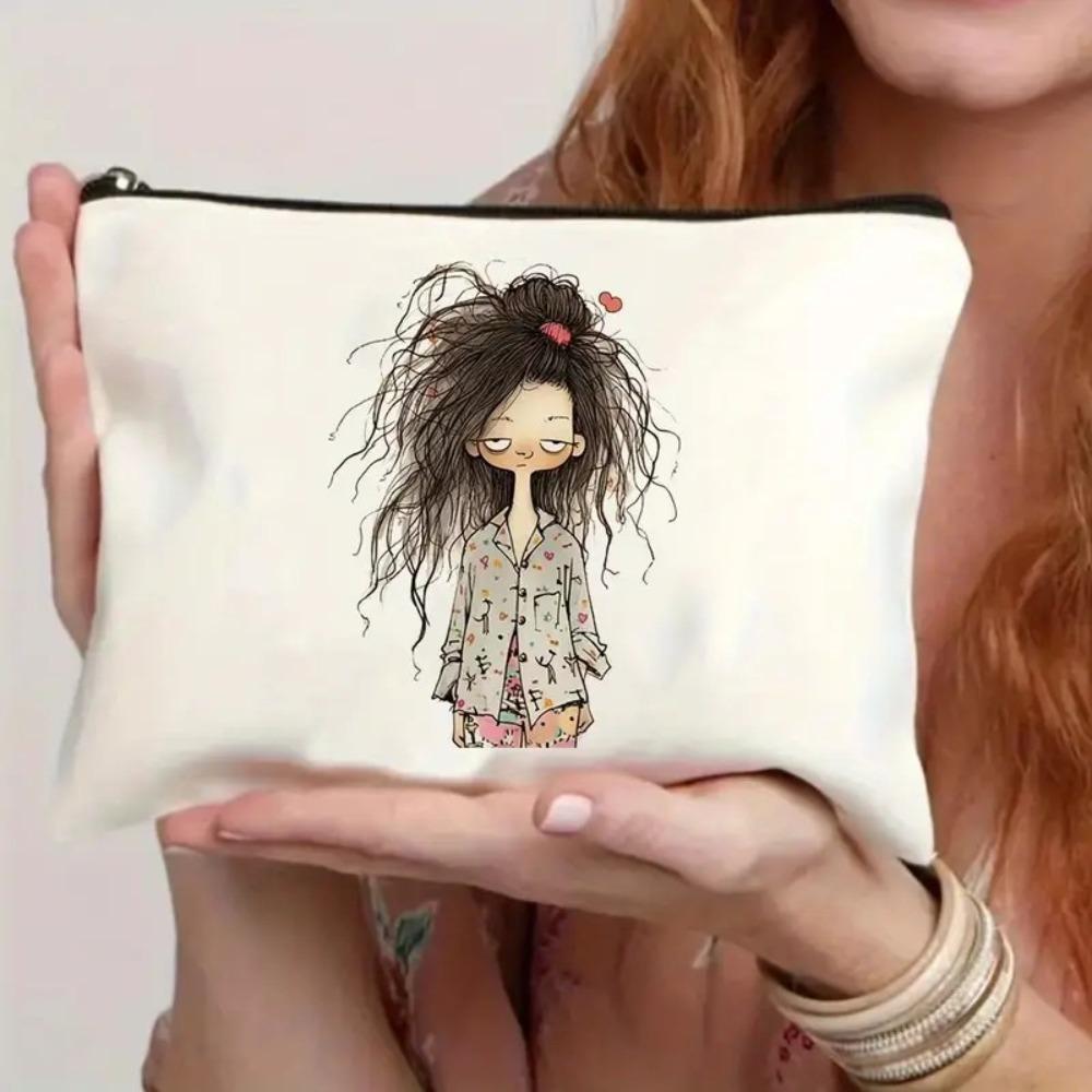 Durable Vintage Style Makeup Bag Cute Girl Pattern Foldable Storage Bag Lightweight Zipper Toiletry Bag Travel