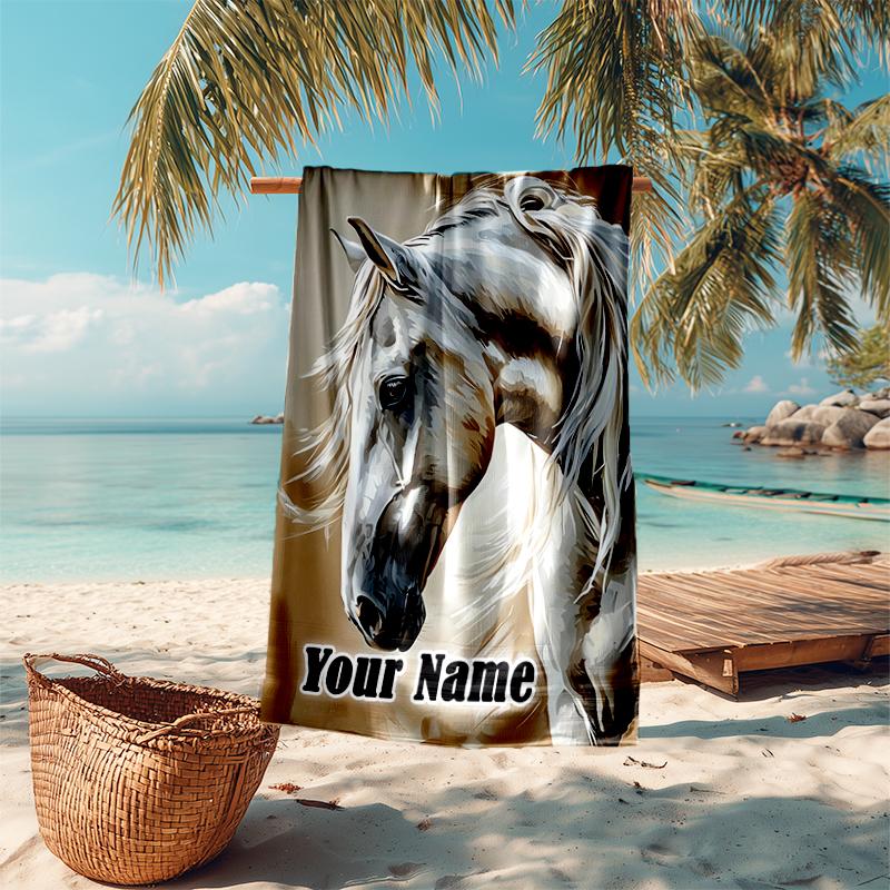 1PC Custom Name Elegant Horse Portrait Beach Towel Highly Absorbent And Sand-Resistant Towel for Swimming, Pool, Yoga, And Travel Lightweight