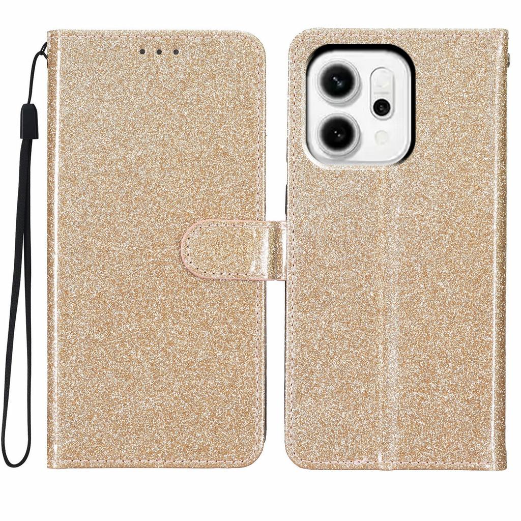 For Oppo Reno14 5G (Global) Wallet Case Glitter Anti-Scratch Leather Stand Phone Cover with Strap