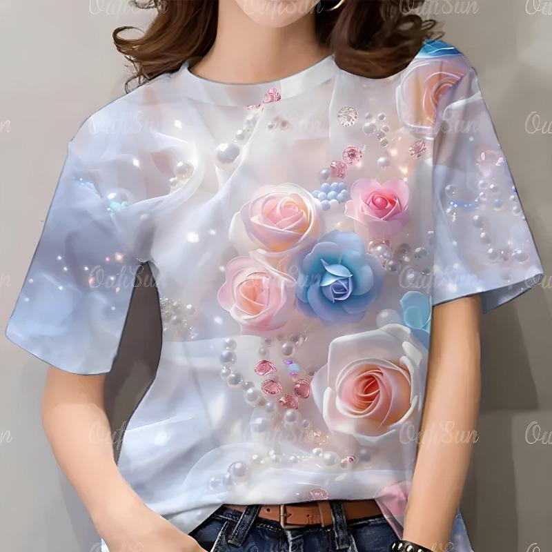 Summer Hot Sale Creative Personalized Flower 3D Print Short Sleeve Women's Fashionable round Neck T-Shirt Polyester Material