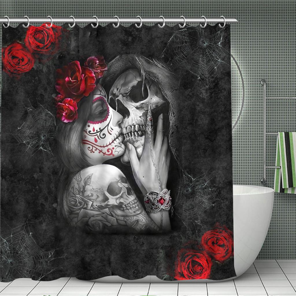 Skull King & Queen With Rose Print Bath Curtain Set - Simple Design For Bathroom Decor, Includes Shower Curtain & Bath Mat