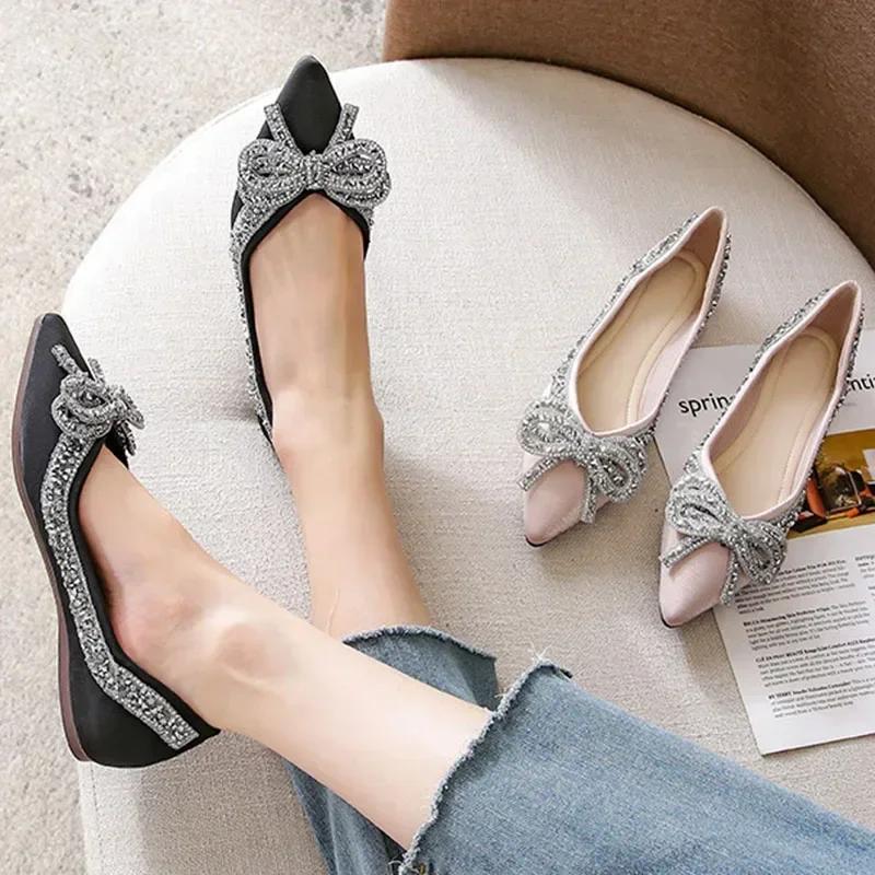 Fashion Ballet Flats Shoes for Women Fashion Rhinestones Bow Flat Footware Female Plus Size Moccasin Boat Shoes Chaussure Femme 2024