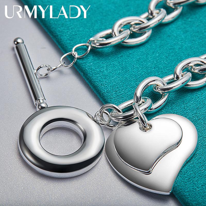 Bracciale con Ciondolo Doppio Cuore in Argento Sterling 925 per Donne Gioiello Charm per Festa di Matrimonio