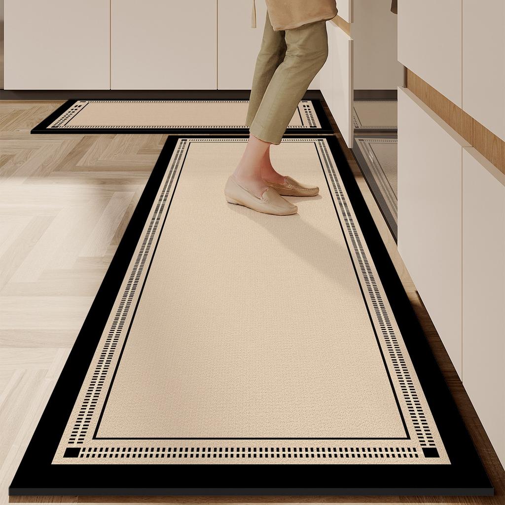 Kitchen Floor Mat Anti-Slip Oil-Proof Erasable Carpet Leather Pvc Waterproof Rug Black Line Texture Home Decoration Mats