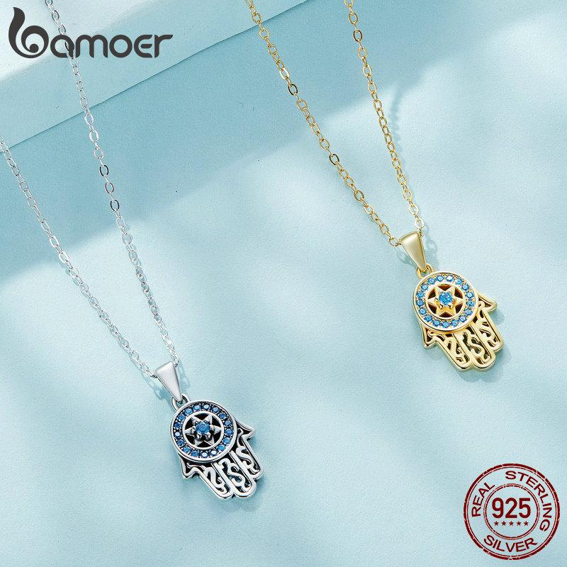 BAMOER Genuine 925 Sterling Silver Trendy Fatima's Guarding Hand Pendant Necklaces
