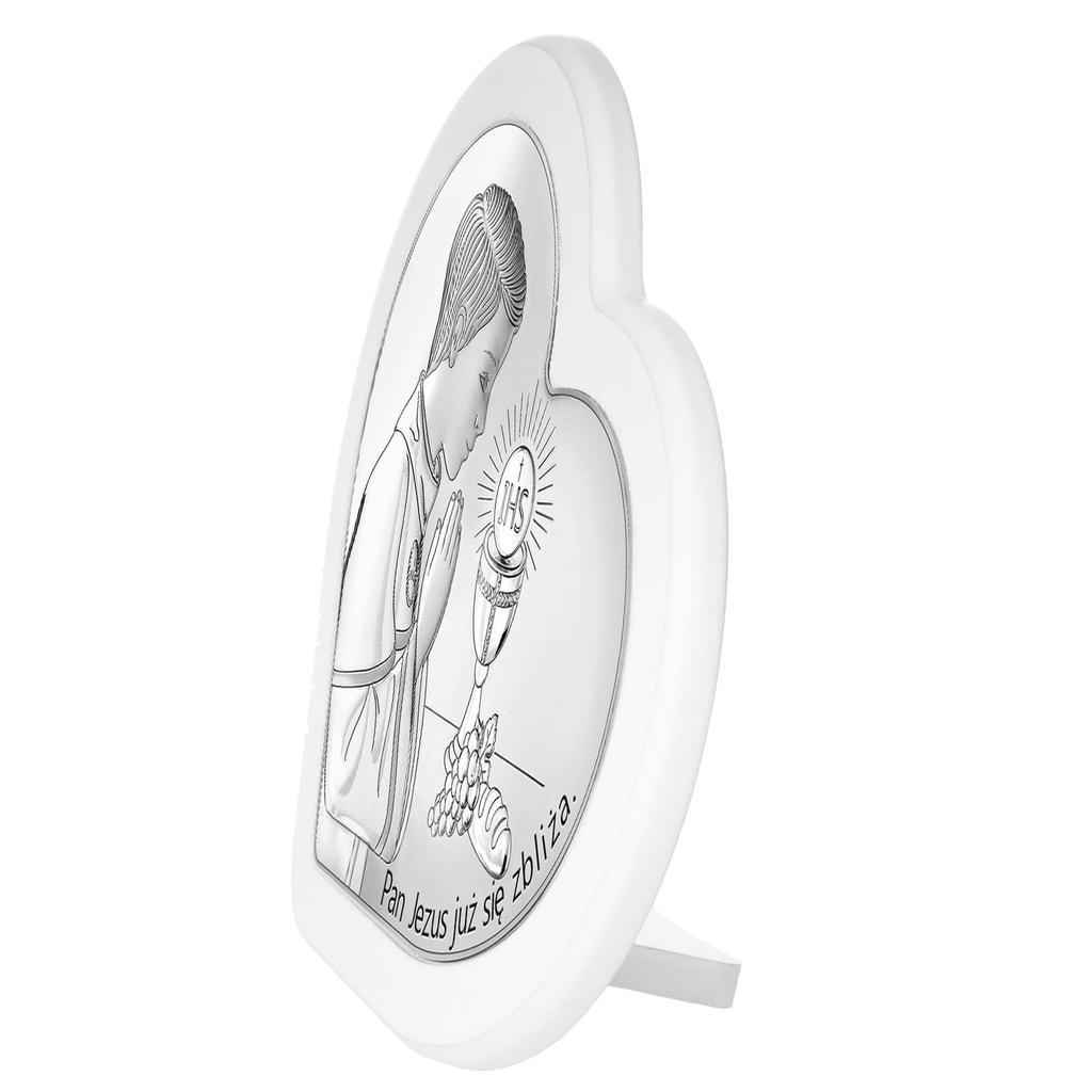 Srebrny obrazek z chłopcem "Pan Jezus już się zbliża" biała ramka+ grawer 6750S-OW 9,2 x 9 cm