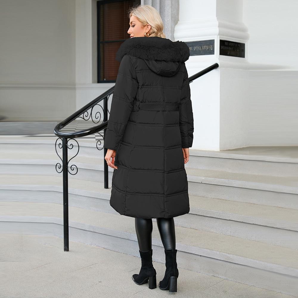 Daunengefütterte Jacke Mittellanger Mantel 2023 Winter Temperament Schnürung Slim Fit und Haarkragen Damen