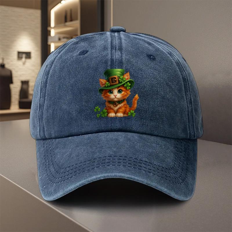 Kitten with Clover Hat Baseball Cap St Patricks Day Adjustable Polyester Casual Hat Unisex