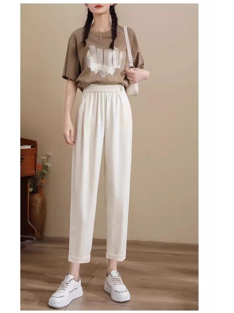 Women's High Waist Slimming Elastic Casual Pants - Nine-Tenths Length with a Versatile Drape