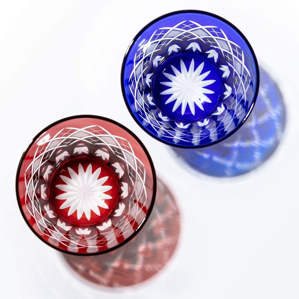 Offizieller Direktverkauf von Taiburo Edo Kiriko Yarai Nanako Oldgläser-Paar und Holzstudio Made in Japan (Fischrogen) Offen (rot blau) TB90425RB,