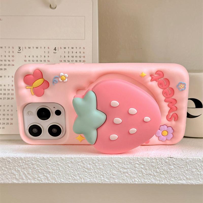 Cute 3D Cartoon Strawberry Hand Grip Holder Soft Silicone Case For iPhone 16 15 13 14 Pro Max Shockproof Back Cover
