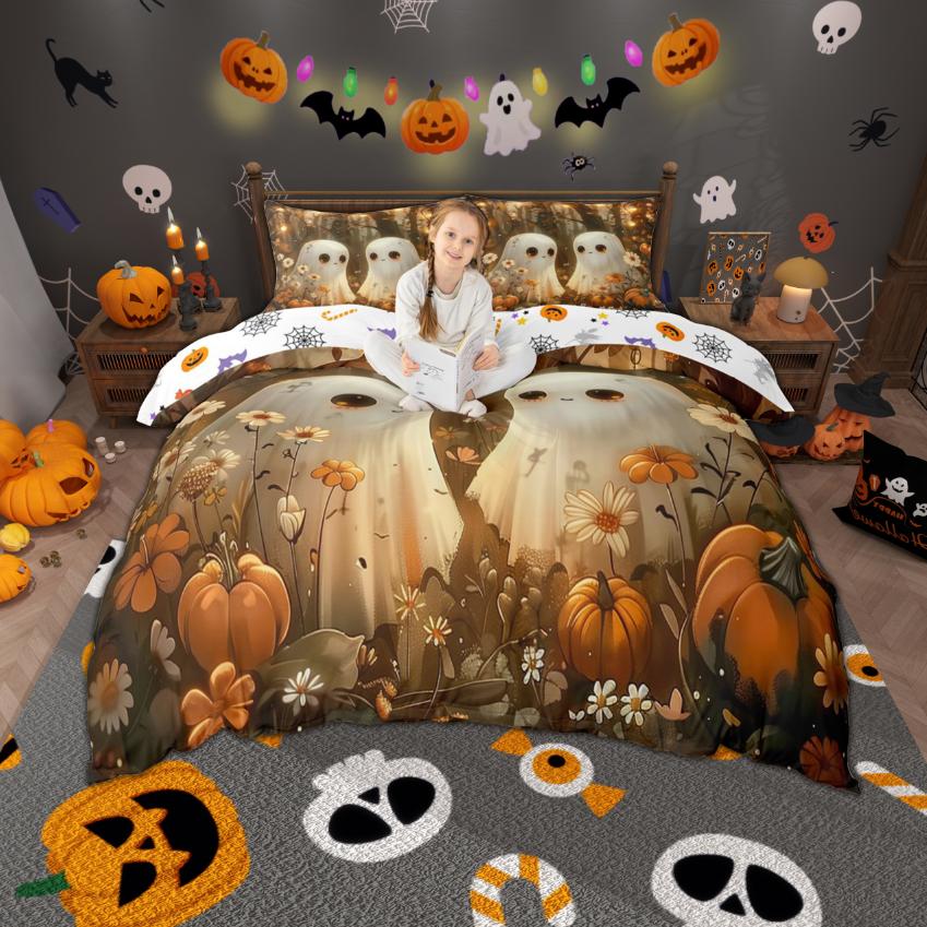 Homewish Cartoon Spooky Animal Duvet Cover Set Happy Halloween Theme Bedding Set Pumpkin Bat Ghost Quilt Cover Set Room Decor