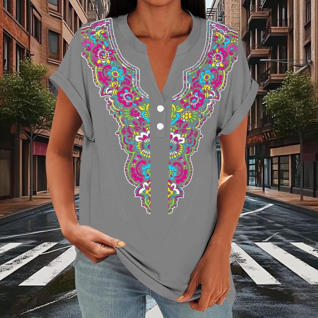 Women's Casual Loose Fit Short Sleeve Button V Neck Floral Print T Shirt Top Lightweight Comfortable Summer Blouse