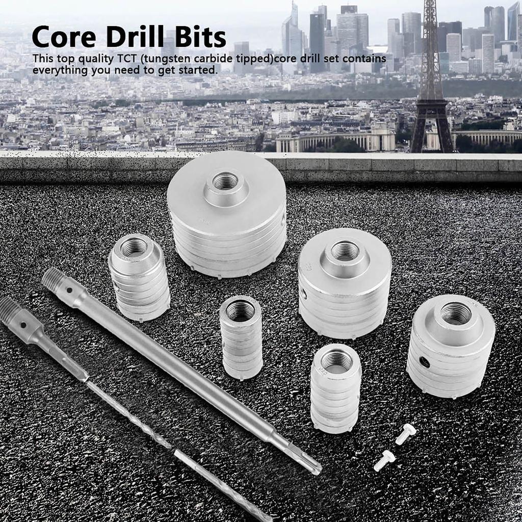 Drill Bit Set 6pcs 35mm-110mm Extension Shank with 2   Drill Bits for Concrete, Brick, Block, Water Pipe, Heating Pipe,   Conditioner,