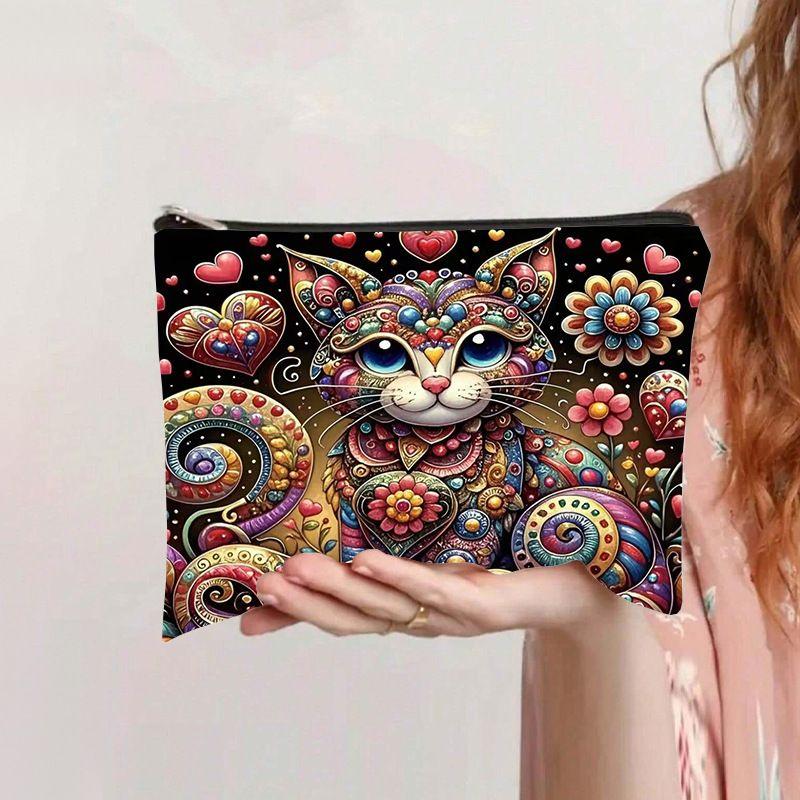 Retro Katzen Kosmetiktasche Leinwand Reißverschluss Große Kapazität Federmäppchen Kosmetikaufbewahrung Handwaschtasche