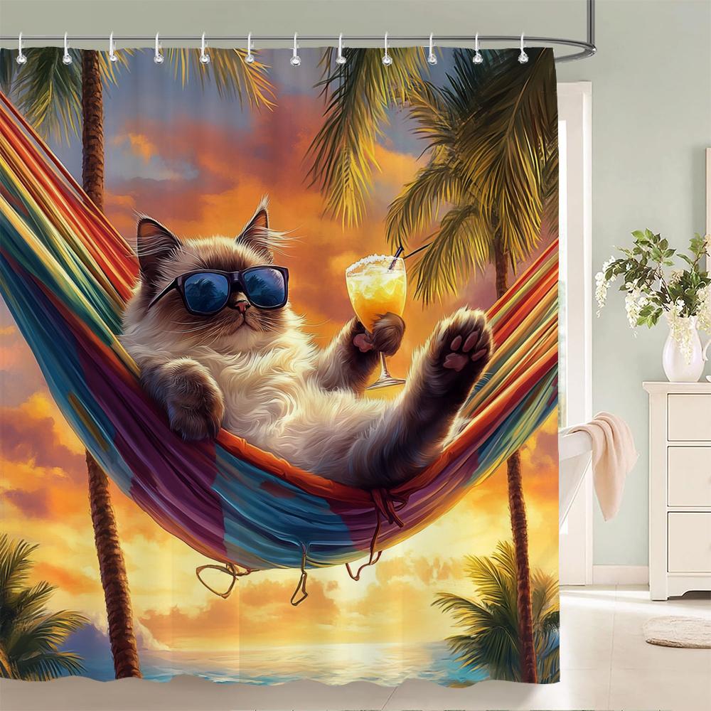 Funny and Creative Beach Cats and Dogs Fabric Shower Curtain Waterproof Polyester Bath Curtains for Bathroom Decorate with Hooks