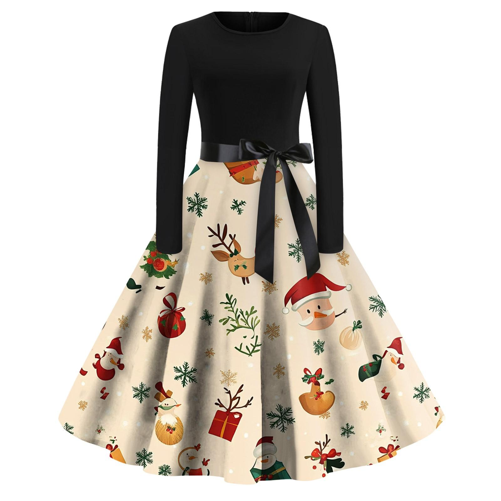 

Женское модное винтажное платье с длинным рукавом и круглым вырезом с рождественским принтом M хаки