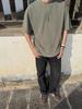 2025SS Fashion 8oz Clothes [CHANGE WELL] Men's Vintage-style Spring/Summer [Washed] Short-sleeved T-shirt Cut-and-sew (GREEN, L)
