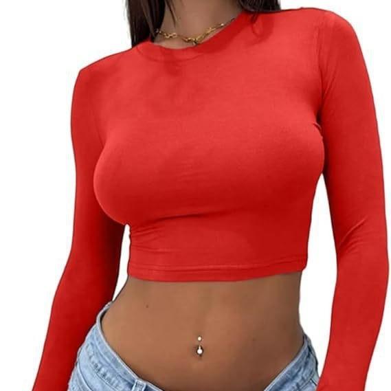 Spice Girl Solid Color Crew Neck Long Sleeve Button Top Slim Short Sexy T-Shirt Women