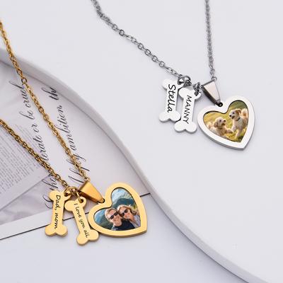 Custom Photo Words Love Pet Bone Pendant Necklace For Women Stainless Steel Personalized Picture Name Choker