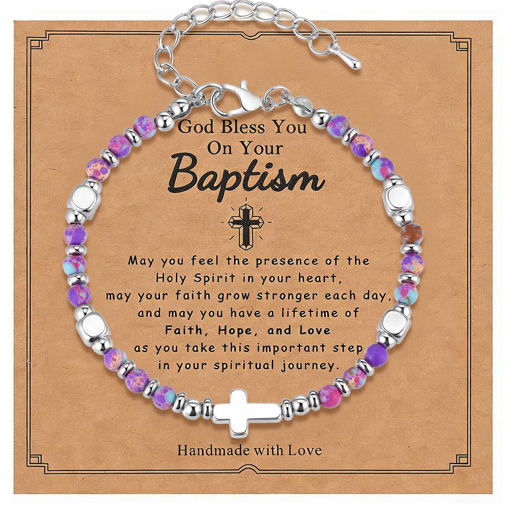 Christian Baptism Religious Beaded Cross Bracelet for Women Pink Crystal Beads Chain Bracelets Christian Easter Jewelry Gift
