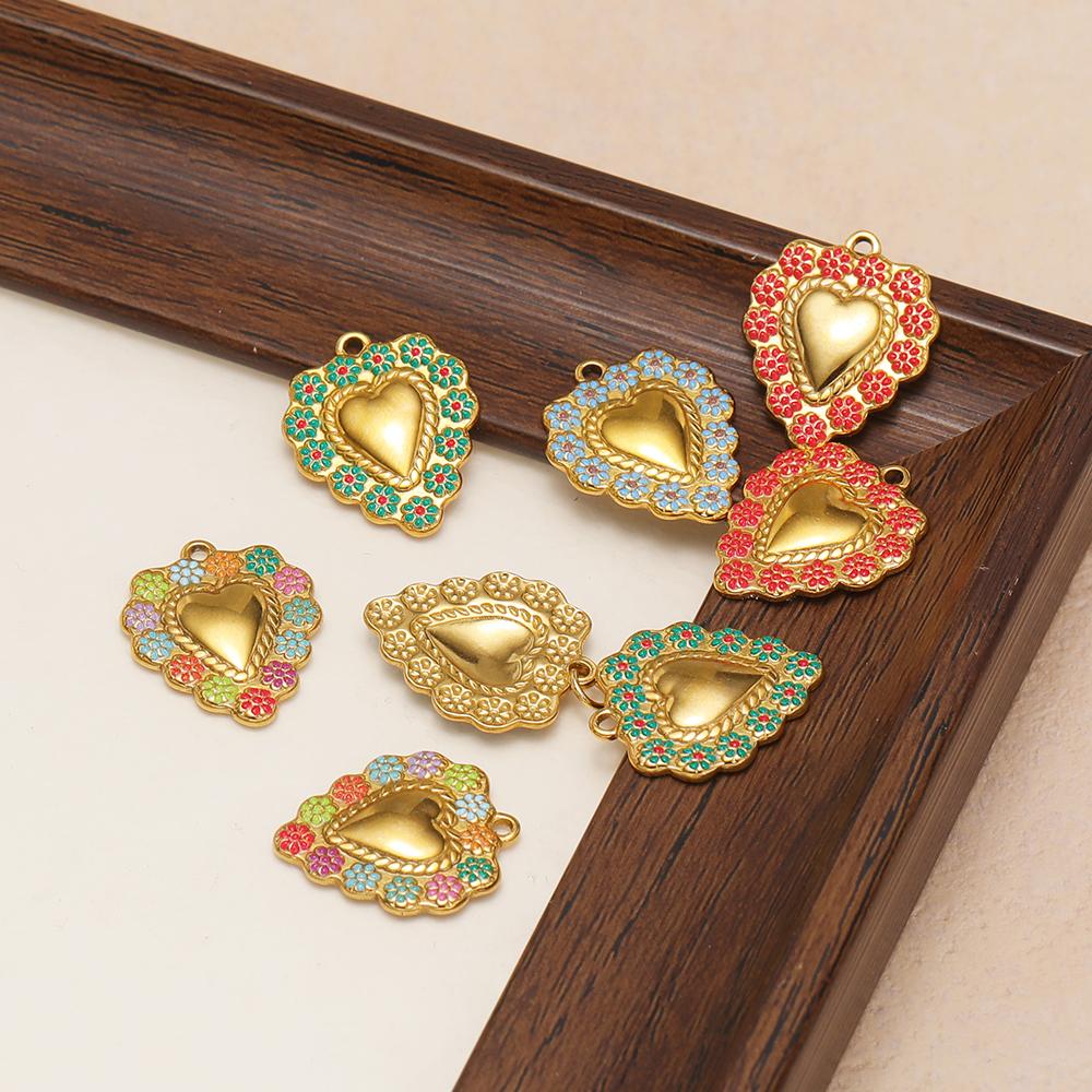 5Pcs Stainless Steel Heart Pendant Enamel Flower Charms DIY Vintage Jewelry Findings Necklace Bracelet Supplies Earrings Making