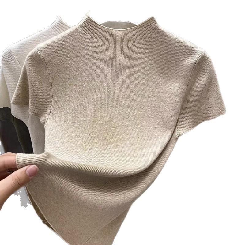 Women's Summer 2026 Elegant Short Sleeve Solid Color High Collar Slim Fit Knit Top