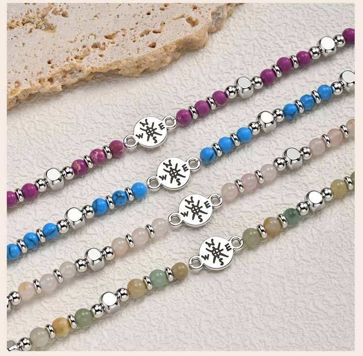 Class of 2026 Gift Compass Natural Stone Bracelet for Women Stainless Steel Beaded Healing Jewelry Waterproof Inspirational Gift