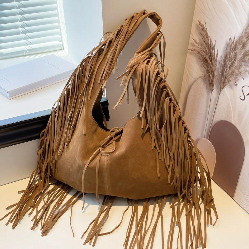 

Boho Large-Capacity Fringe Velvet Crescent Shoulder Bag 2025 Standard коричневый