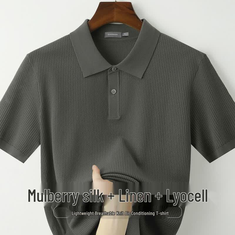 SHANSHAN Men s Silk Blend Knit Polo Shirt L