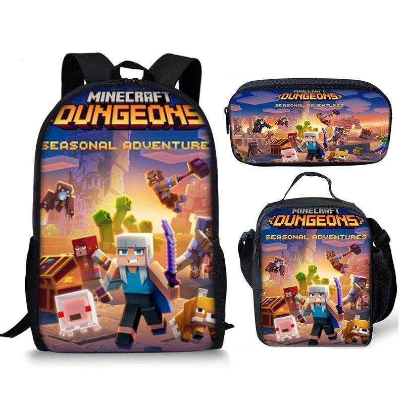Minecraft Cartoon Print Backpack Set 3-Piece Student School Bag Water-Resistant Large Capacity Unisex