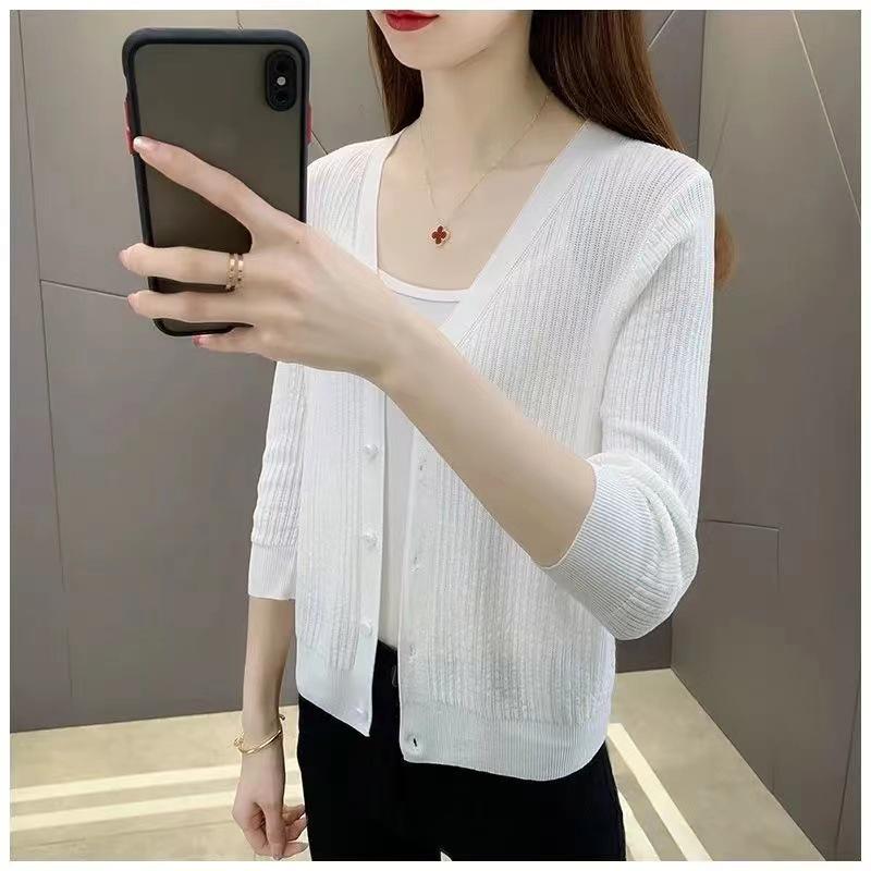 Women's Ice Silk Cardigan - Lightweight, Versatile, Sun Protection, Short Knitted Coat for Spring & Autumn, Hollowed-Out Design.