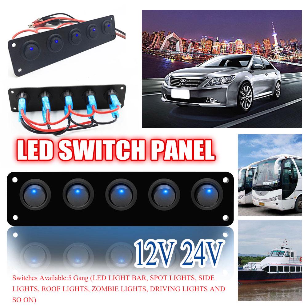 Rocker Switch Panel 5 Gang Round Dash Rocker Toggle Switch Panel Blue LED 12-24V for RV Boat Yacht Marine