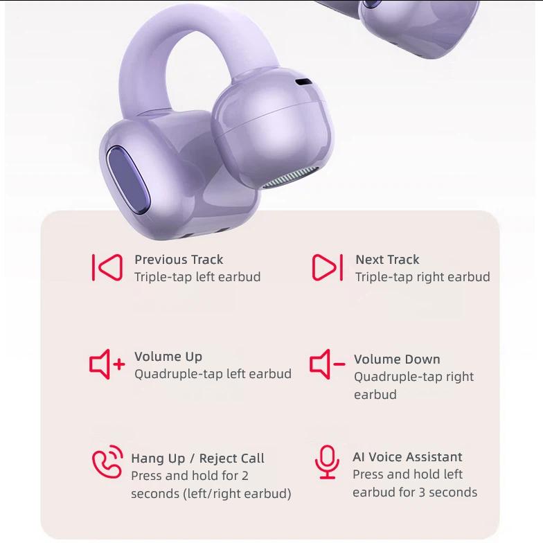 nubia Bluetooth Earphones Clip-On, Bone Conduction Concept, Open-Style, Non-In Sports Running, Ultra-Long Battery Life Compatible, Purple